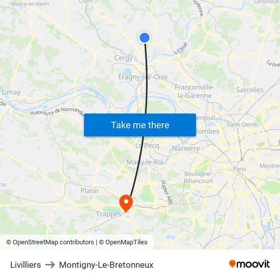 Livilliers to Montigny-Le-Bretonneux map