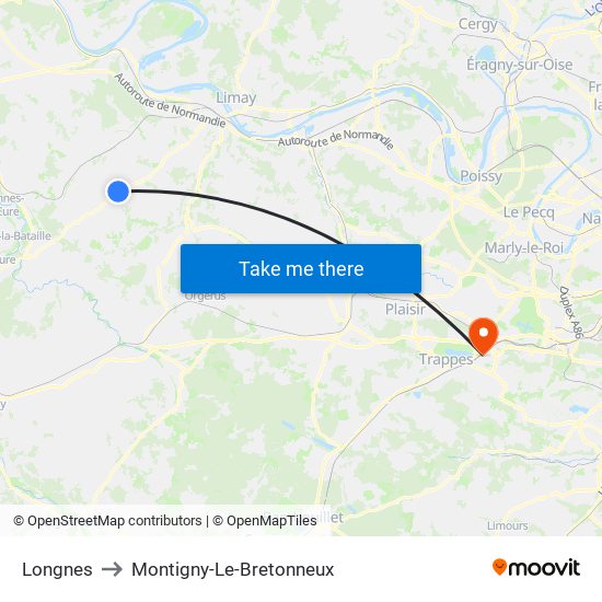Longnes to Montigny-Le-Bretonneux map
