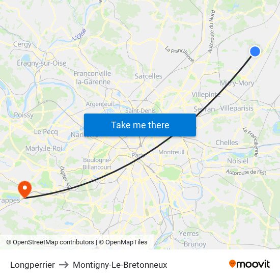 Longperrier to Montigny-Le-Bretonneux map