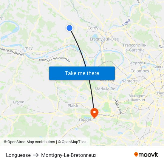 Longuesse to Montigny-Le-Bretonneux map