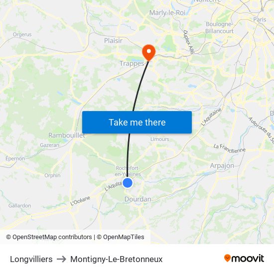 Longvilliers to Montigny-Le-Bretonneux map