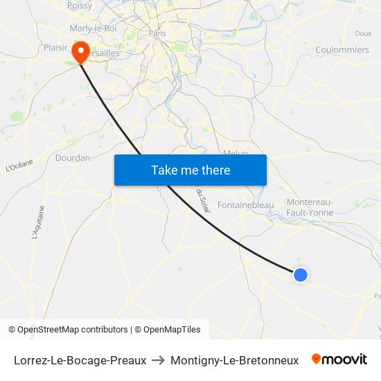 Lorrez-Le-Bocage-Preaux to Montigny-Le-Bretonneux map