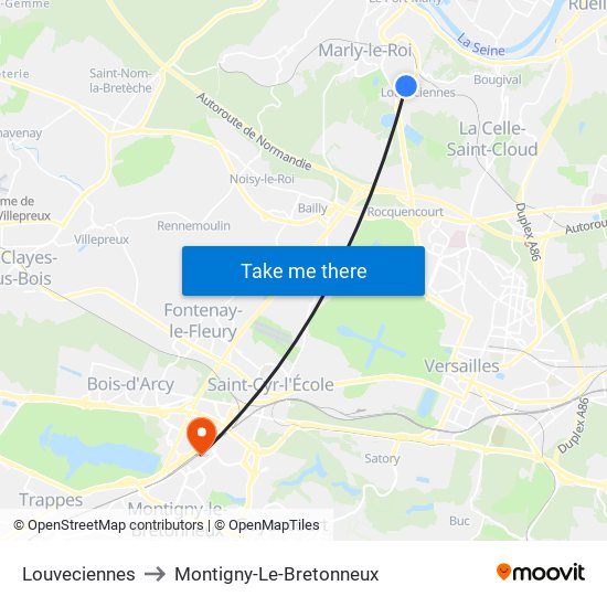 Louveciennes to Montigny-Le-Bretonneux map