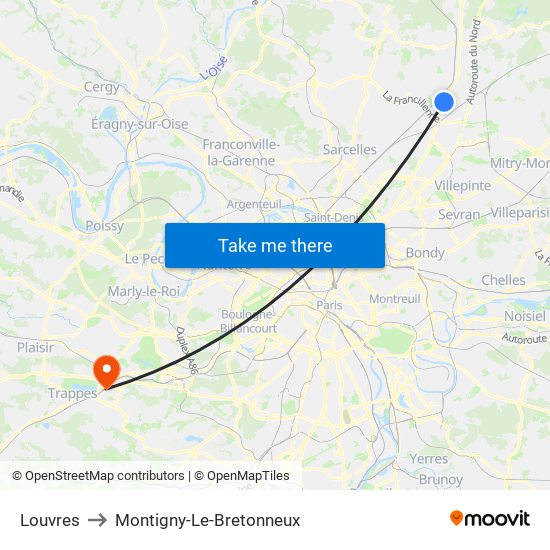 Louvres to Montigny-Le-Bretonneux map