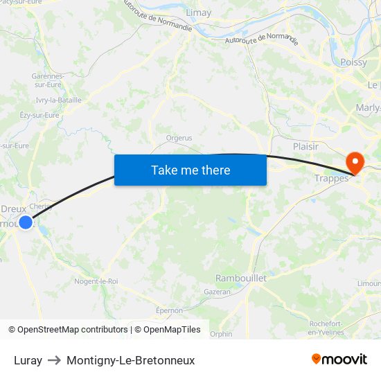 Luray to Montigny-Le-Bretonneux map