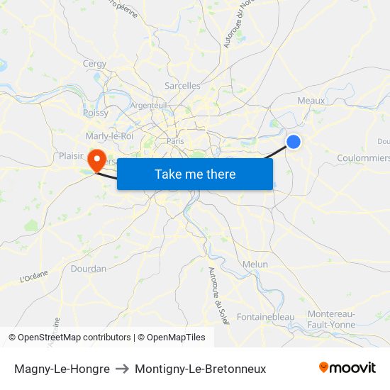 Magny-Le-Hongre to Montigny-Le-Bretonneux map