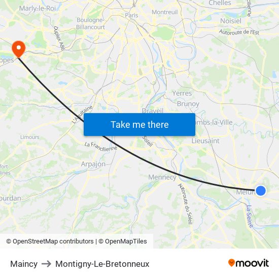 Maincy to Montigny-Le-Bretonneux map