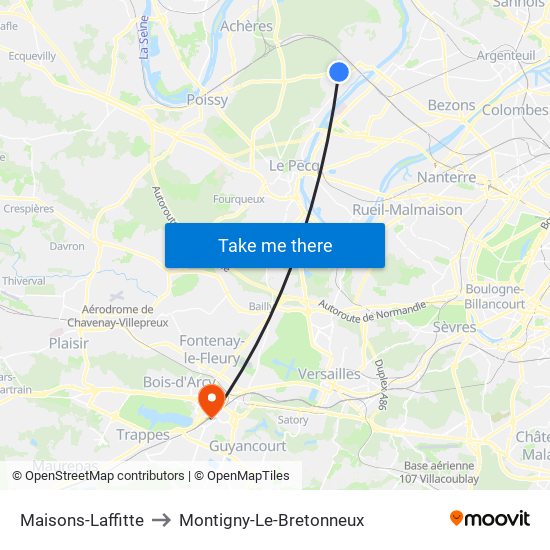 Maisons-Laffitte to Montigny-Le-Bretonneux map