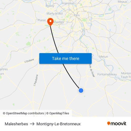 Malesherbes to Montigny-Le-Bretonneux map
