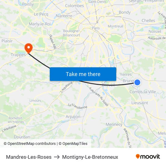 Mandres-Les-Roses to Montigny-Le-Bretonneux map