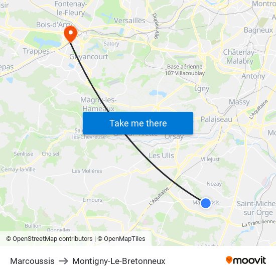 Marcoussis to Montigny-Le-Bretonneux map