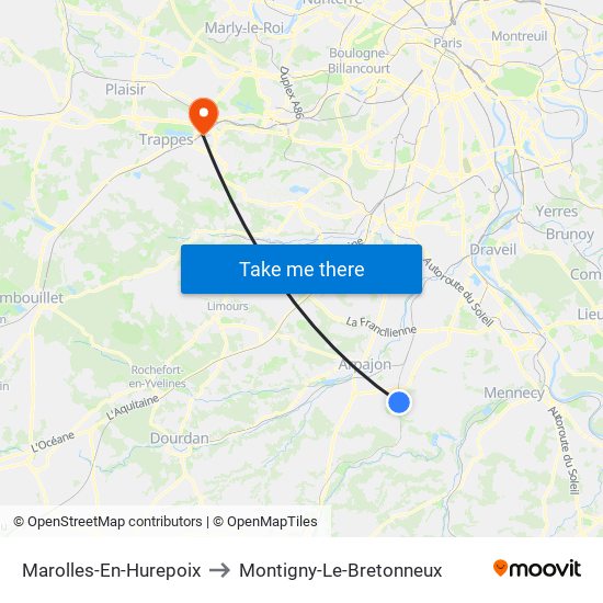 Marolles-En-Hurepoix to Montigny-Le-Bretonneux map