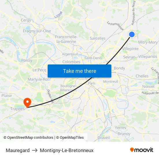 Mauregard to Montigny-Le-Bretonneux map