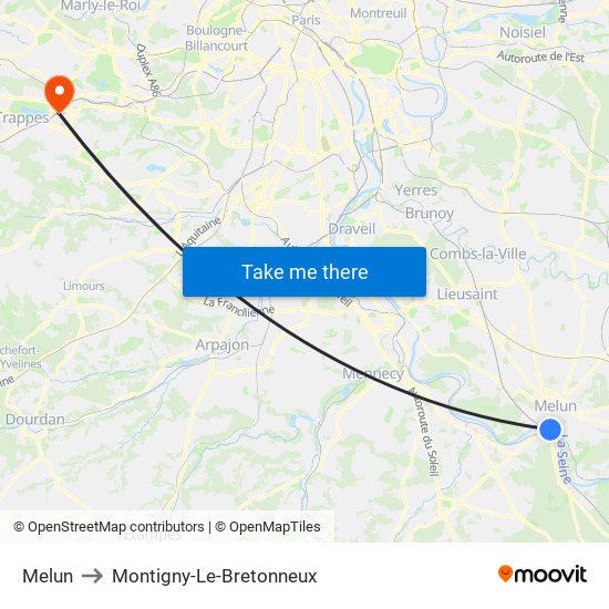 Melun to Montigny-Le-Bretonneux map