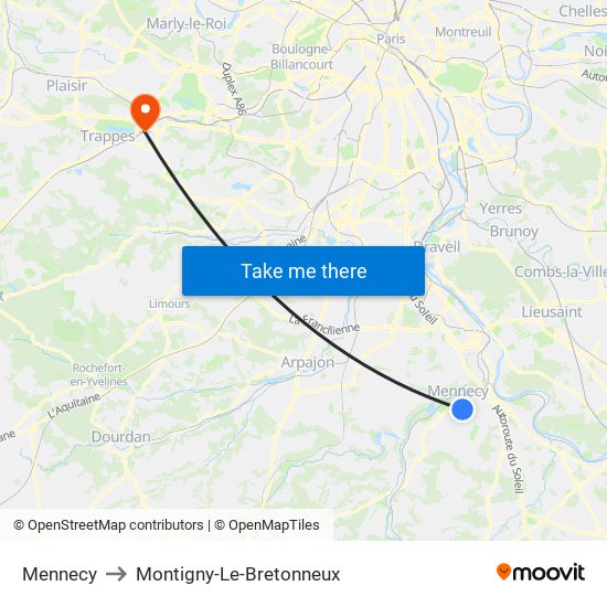 Mennecy to Montigny-Le-Bretonneux map