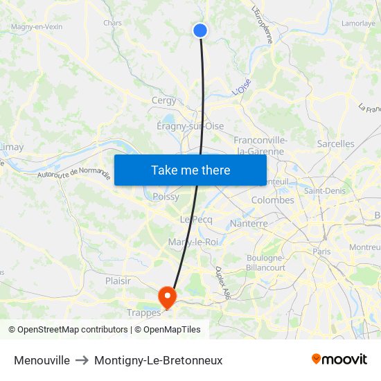 Menouville to Montigny-Le-Bretonneux map