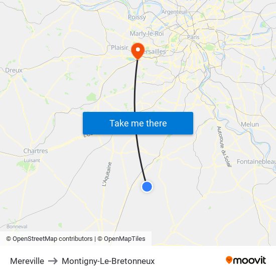 Mereville to Montigny-Le-Bretonneux map