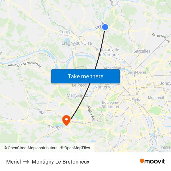 Meriel to Montigny-Le-Bretonneux map