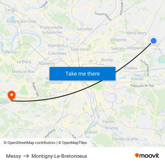 Messy to Montigny-Le-Bretonneux map