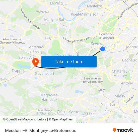 Meudon to Montigny-Le-Bretonneux map