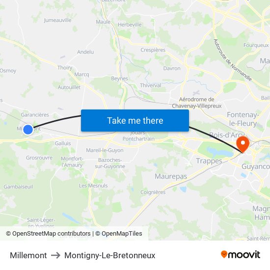 Millemont to Montigny-Le-Bretonneux map