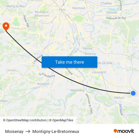 Moisenay to Montigny-Le-Bretonneux map