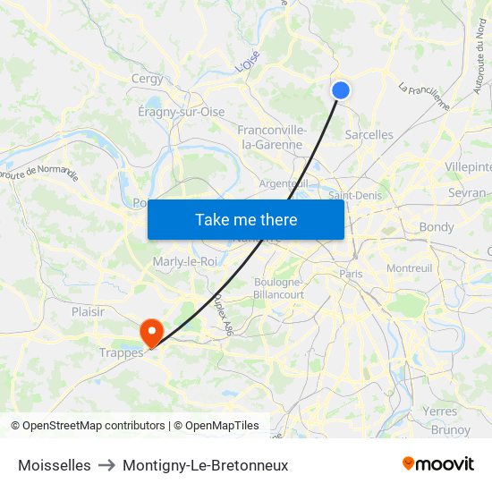Moisselles to Montigny-Le-Bretonneux map