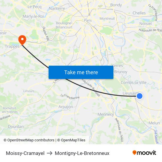 Moissy-Cramayel to Montigny-Le-Bretonneux map