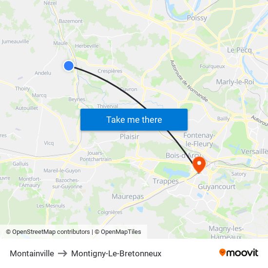 Montainville to Montigny-Le-Bretonneux map