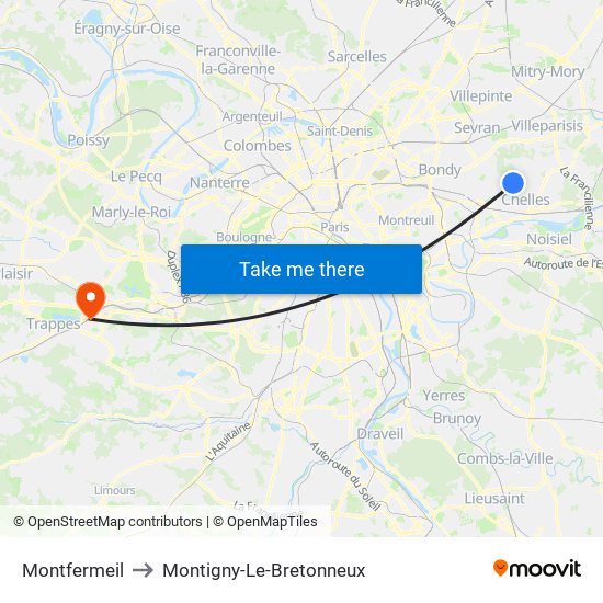 Montfermeil to Montigny-Le-Bretonneux map