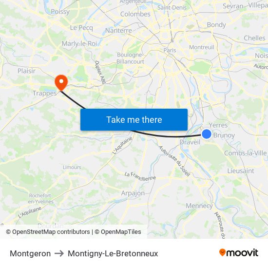 Montgeron to Montigny-Le-Bretonneux map
