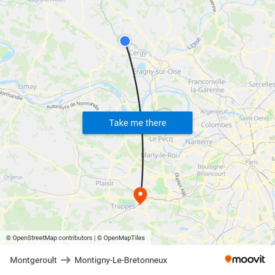 Montgeroult to Montigny-Le-Bretonneux map