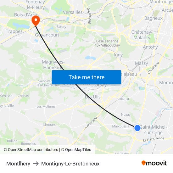 Montlhery to Montigny-Le-Bretonneux map