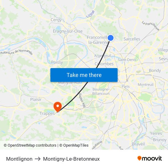 Montlignon to Montigny-Le-Bretonneux map
