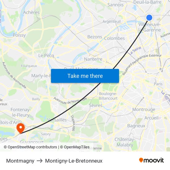 Montmagny to Montigny-Le-Bretonneux map