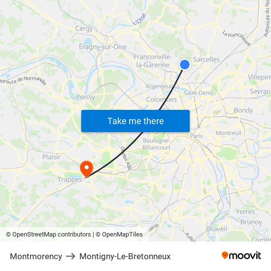 Montmorency to Montigny-Le-Bretonneux map