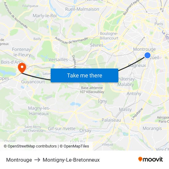 Montrouge to Montigny-Le-Bretonneux map
