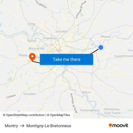 Montry to Montigny-Le-Bretonneux map