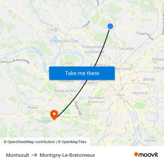 Montsoult to Montigny-Le-Bretonneux map