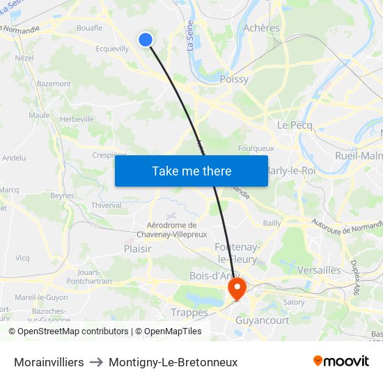 Morainvilliers to Montigny-Le-Bretonneux map