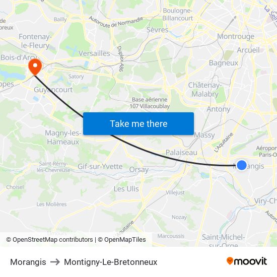 Morangis to Montigny-Le-Bretonneux map