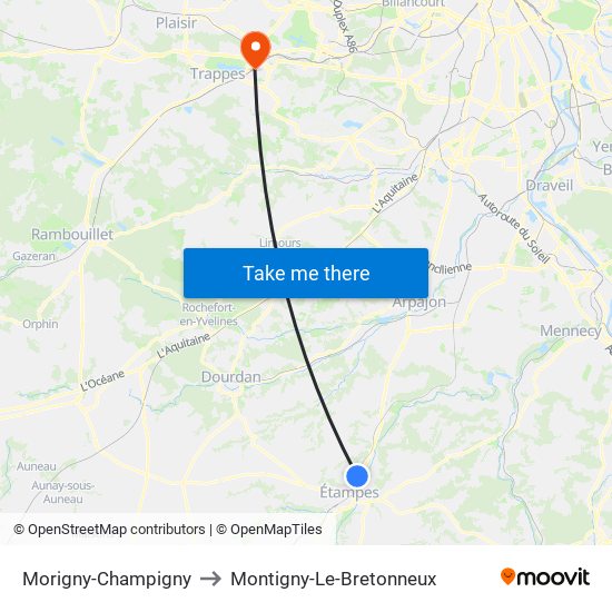 Morigny-Champigny to Montigny-Le-Bretonneux map