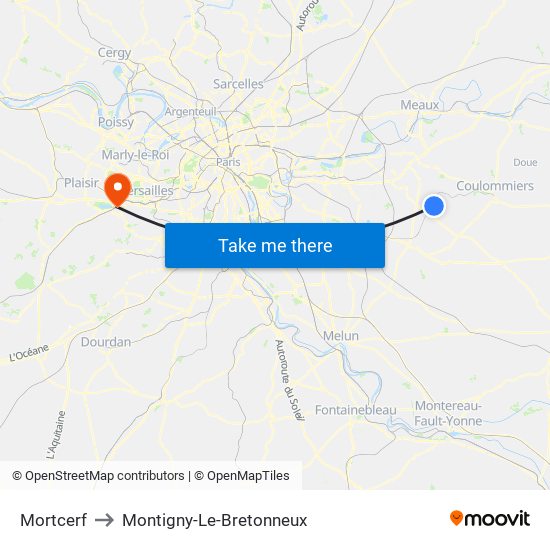 Mortcerf to Montigny-Le-Bretonneux map