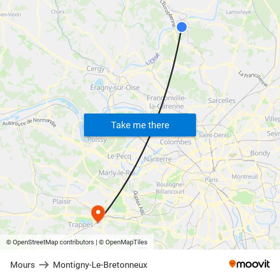 Mours to Montigny-Le-Bretonneux map