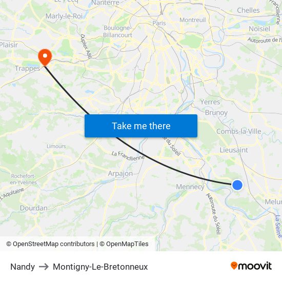 Nandy to Montigny-Le-Bretonneux map