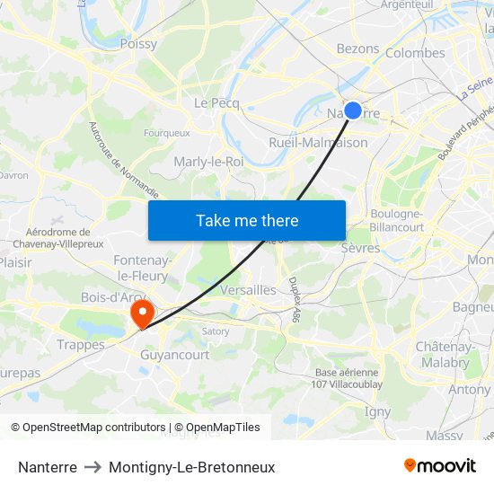 Nanterre to Montigny-Le-Bretonneux map