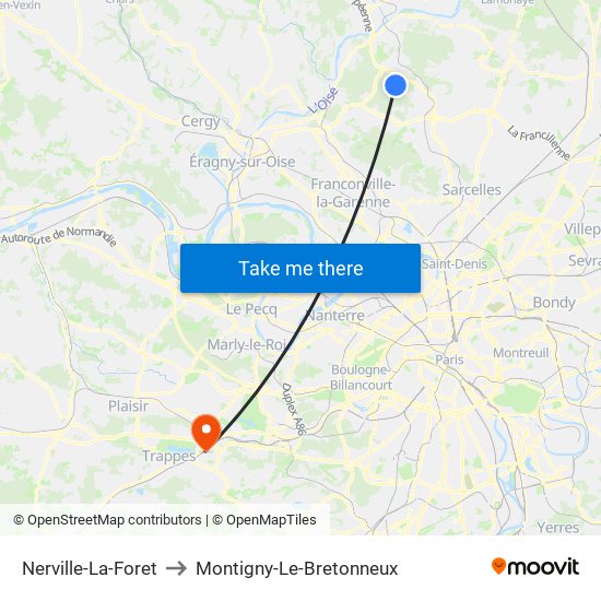 Nerville-La-Foret to Montigny-Le-Bretonneux map