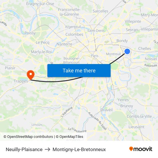 Neuilly-Plaisance to Montigny-Le-Bretonneux map