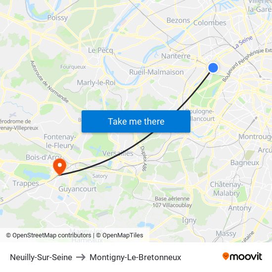 Neuilly-Sur-Seine to Montigny-Le-Bretonneux map