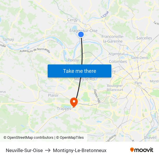 Neuville-Sur-Oise to Montigny-Le-Bretonneux map